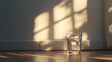 A serene glass of water sits on a wooden floor, illuminated by gentle sunlight, creating a peaceful atmosphere with soft shadows in a modern interior space.の素材