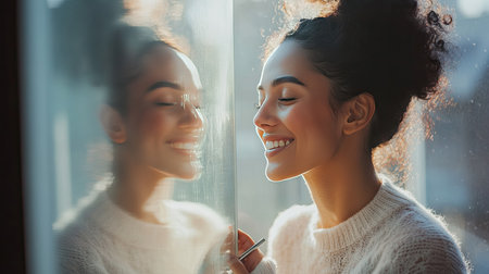 A joyful young woman stands by a window, smiling warmly as sunlight bathes her in soft light, capturing a serene and intimate moment of happiness and reflection.の素材