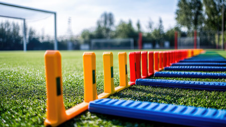 Brightly colored agility training equipment lines a sports field, perfect for enhancing athletic skills and performance in various outdoor sports and activities.の素材