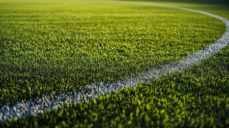 This image showcases a vibrant green grass field with a white line, capturing the essence of outdoor sports and the beauty of nature in a serene setting.の素材
