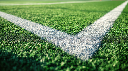 This image showcases a close-up view of a V-shaped white line on a vibrant green artificial turf field. The angle emphasizes the texture and detail of the grass.の素材