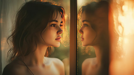 A young woman looks out a window, lost in thought as soft light captures her profile. This image conveys serenity and emotional depth during a warm sunset.の素材