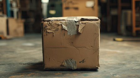 A close-up view of a damaged cardboard box in a warehouse setting, capturing the texture and imperfections, highlighting storage and shipping issues for businesses.の素材