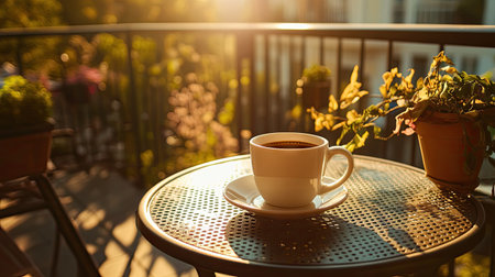 A serene morning scene featuring a cup of coffee placed on a balcony table, bathed in soft sunlight, surrounded by lush greenery, inviting calm and inspiration.の素材