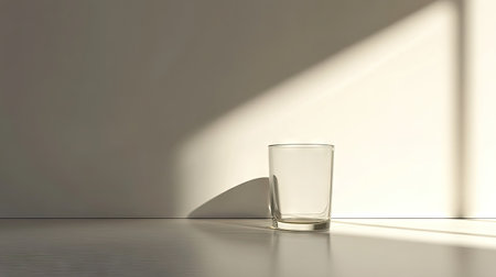 A clear glass sits on a smooth surface, illuminated by soft natural light. The image captures minimalistic beauty with tranquil shadows, promoting serenity and simplicity.の素材