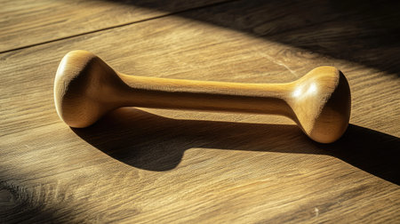 A rustic wooden dumbbell sits on a warm wooden surface, bathed in natural sunlight. The soft shadows create an inviting atmosphere ideal for fitness enthusiasts.の素材