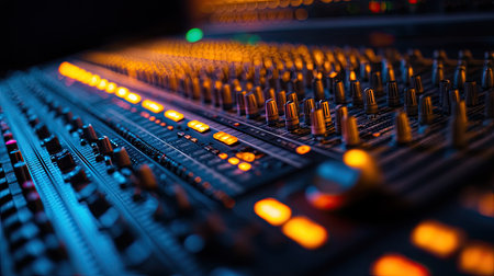 Captivating close-up of a professional audio mixer showcasing the intricate details of knobs and illuminated buttons, perfect for representing sound technology in a vibrant studio setting.の素材