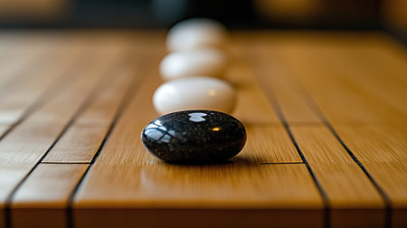 This image showcases a serene arrangement of smooth black and white stones on a warm wooden surface, embodying balance and tranquility for meditation and relaxation.の素材