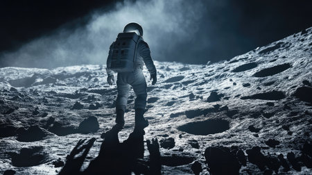 A solitary astronaut walks on the moon's surface, surrounded by craters and illuminated by cosmic light, evoking the mystery and excitement of space exploration.の素材