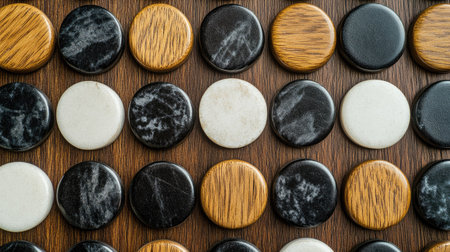 This image showcases a variety of game pieces in different textures and colors, arranged neatly on a wooden surface, perfect for game design inspiration or decor projects.の素材