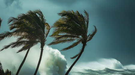 A captivating stormy scene featuring powerful ocean waves crashing against palm trees swaying in the wind, set against a dark and moody sky that conveys energy.の素材