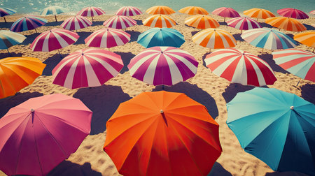 A vibrant beach scene showcasing brightly colored umbrellas on soft sand, perfect for evoking feelings of joy and relaxation under sunny summer skies.の素材