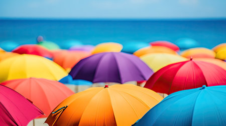 A stunning display of vibrant beach umbrellas adorns a sandy shore, creating a picturesque scene that invites relaxation and enjoyment by the turquoise ocean.の素材