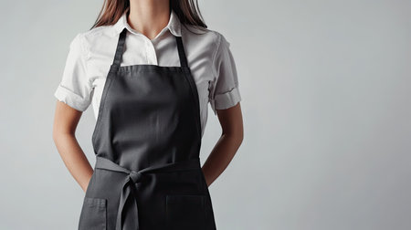 A confident woman in a stylish black apron stands against a gray background, representing professionalism and modern elegance, ideal for culinary or fashion projects.の素材