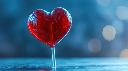 A delightful heart-shaped lollipop stands tall against a dreamy blue backdrop adorned with soft bokeh lights, perfect for representing love and sweetness.の素材