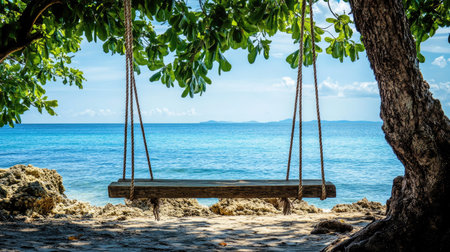 Serene beach scene featuring a rustic wooden swing mounted under green trees, with the stunning turquoise ocean and distant islands, perfect for relaxation.の素材