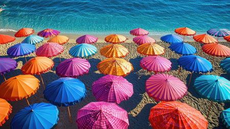 A stunning overhead view of colorful umbrellas on a sandy beach, creating a vibrant summer scene that captures the essence of relaxation and outdoor enjoyment.の素材