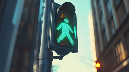 A green pedestrian signal illuminates a busy city street, urging safe crossing. Modern buildings reflect urban life as pedestrians navigate during bright daylight.の素材