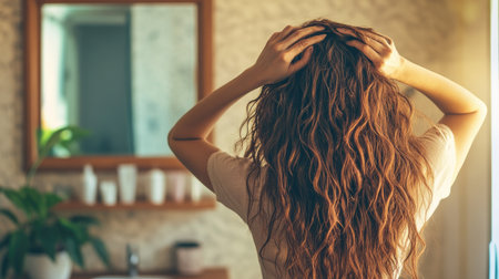 A young woman with curly hair stands in front of a mirror, capturing a moment of self-reflection in a cozy bathroom filled with natural light and warmth.の素材