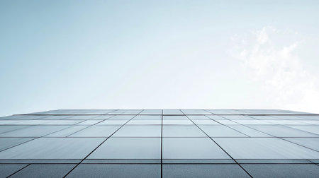 This image captures a sleek glass building facade viewed from below, showcasing modern architecture against a clear sky, ideal for business and design themes.の素材