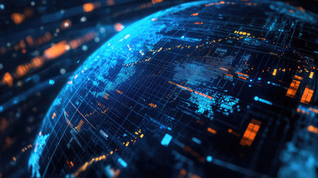 This digital globe visualization showcases a high-tech representation of the world, featuring glowing nodes and vibrant data streams in a futuristic style.の素材