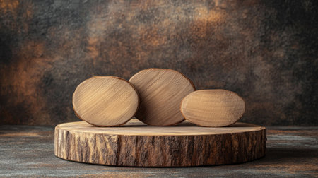 A set of three natural wooden discs arranged on a round wooden platter with a rustic textured background, perfect for enhancing home decor and artistic presentations.の素材