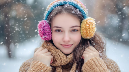 A cheerful girl wearing colorful ear muffs and a cozy sweater smiles amidst gently falling snow. This enchanting winter scene captures the essence of joy and warmth during cold days.の素材