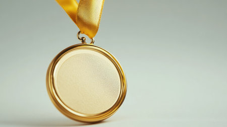 A shiny gold medal pendant with a vibrant yellow ribbon, symbolizing achievement and success, displayed against a light background, perfect for award themes.の素材
