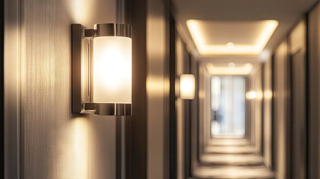 This image captures a sophisticated corridor illuminated by soft lighting and a stylish wall sconce, perfect for showcasing modern interior design concepts in hospitality.の素材