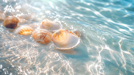 A stunning visual of seashells scattered on wet sand, under clear water with sunlight reflections. This image captures the essence of beach tranquility and beauty.の素材