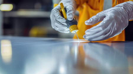 A technician inspects a metal surface with a precision tool, emphasizing safety and accuracy in a modern workshop, capturing the essence of detailed craftsmanship.の素材