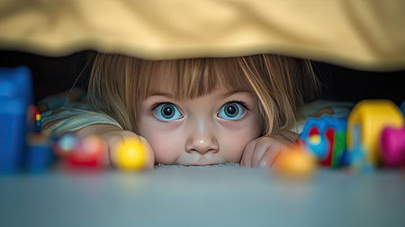 A captivating image of a curious child peeking out from beneath a bed, surrounded by colorful toys. The child's wide eyes reflect innocence and wonder, evoking childhood joy.の素材