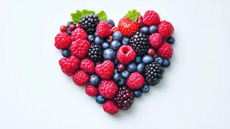 A vibrant heart shape created from an assortment of fresh berries, including strawberries, raspberries, blackberries, and blueberries, symbolizing health and love.の素材