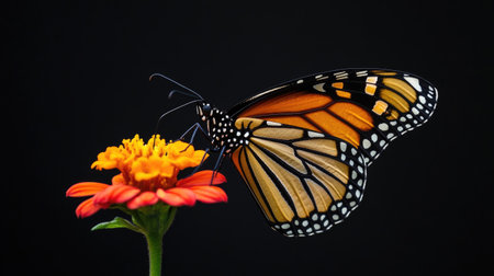 This close-up image showcases a beautiful monarch butterfly perched on a vivid flower against a dark background, highlighting its intricate wing patterns and vibrant colors.の素材