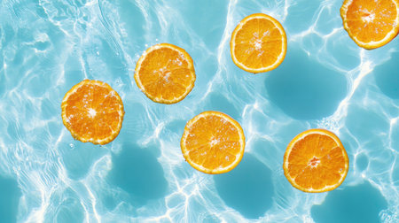 Bright and cheerful orange slices float on the surface of clear water, creating a refreshing atmosphere perfect for summer themes. Ideal for food or drink designs.の素材
