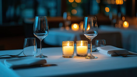 Experience a charming dining setting featuring candlelight and elegant glassware, perfect for creating warm, intimate moments during memorable meals.の素材