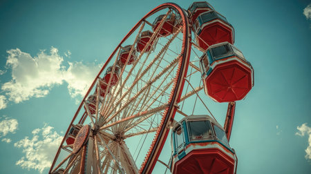 A stunning view of a giant Ferris wheel featuring bright red cabins against a blue sky with fluffy clouds, embodying the spirit of summer fun and joy at amusement parks.の素材