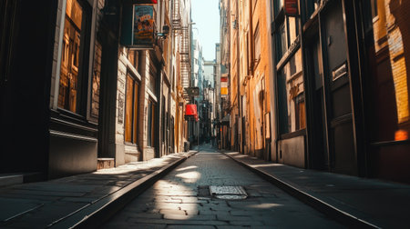 A serene view of a narrow alleyway in a city with cobblestone path and sunlit facades, perfect for evoking a sense of exploration and urban charm.の素材