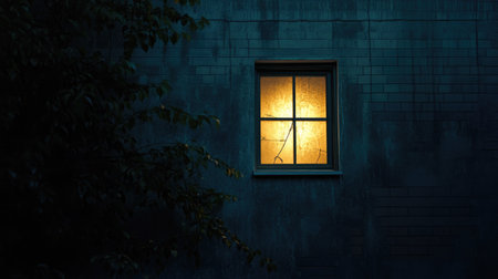 A serene night scene featuring a glowing window that offers a warm and inviting light, surrounded by the calm presence of trees against a dark urban wall.の素材