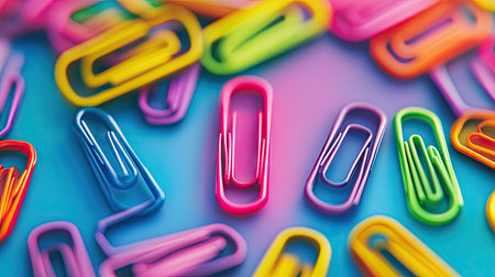 A lively arrangement of colorful paperclips on a vibrant gradient background creates a fun and artistic visual for use in office or creative projects. The vivid colors and playful shapes add an energetic touch.の素材