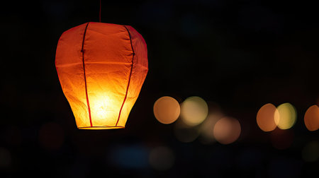 A vibrant orange lantern illuminated from within hangs in a dark setting, creating a warm ambience with bokeh lights in the background, perfect for festivities.の素材