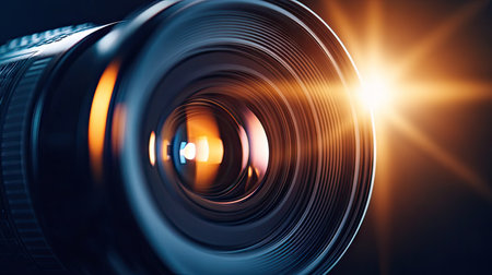 This stunning close-up image of a professional camera lens showcases intricate details with a beautiful sun flare and bokeh effect, highlighting the art of photography.の素材