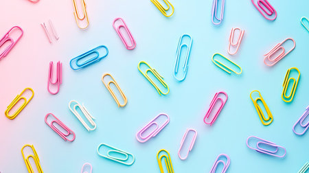 A vibrant arrangement of colorful paper clips on a light pastel background. This image showcases organizational tools ideal for creative projects and professional use.の素材