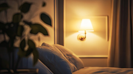 This image captures a cozy bedroom featuring soft light from a wall fixture, perfectly complementing neat bedding and serene decor. An inviting space for relaxation.の素材