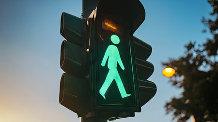 A vibrant green pedestrian traffic light stands tall, indicating safety for pedestrians crossing in an urban setting during dusk, enhancing evening commutes.の素材