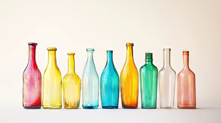A stunning collection of colorful vintage glass bottles in various shapes and sizes, showcasing vibrant hues against a warm, minimalistic background, perfect for creative inspiration.の素材