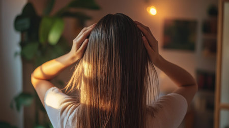 A young woman with long hair stands in a sunlit room, gently touching her hair and enjoying a moment of tranquility among lush indoor plants, conveying a sense of peace.の素材