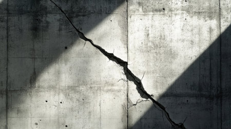 A close-up view of a cracked concrete wall showcasing intricate textures. Dramatic light and shadow intensify its urban aesthetics, creating a striking visual impact.の素材