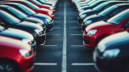 A striking image of colorful cars neatly arranged in a parking lot, highlighting various designs and colors under daylight, perfect for showcasing automotive variety.の素材