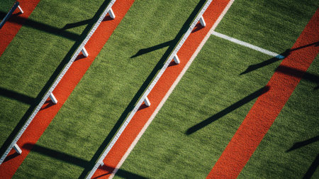 A stunning aerial view of a sports hurdle track features vibrant green turf and bold red lines, capturing the dynamic essence of athletic competition and training.の素材